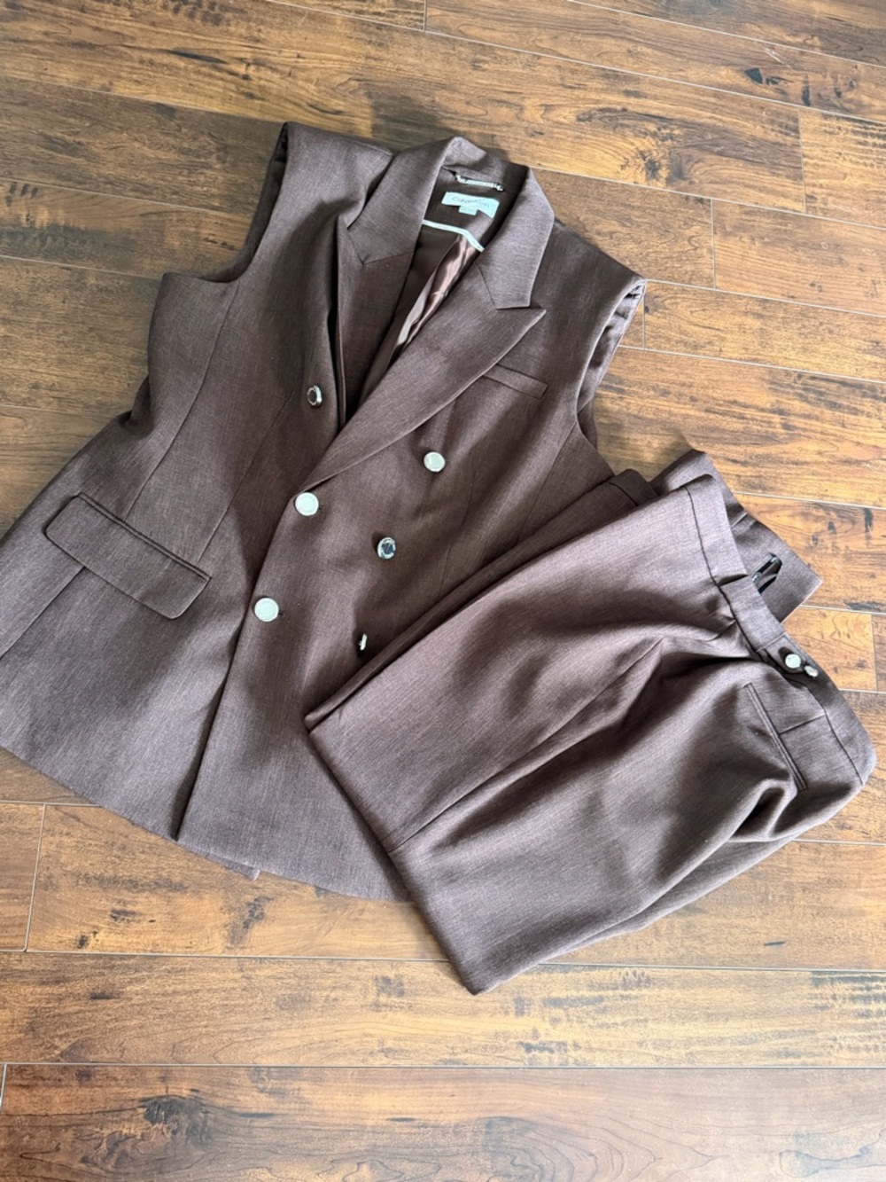 Calvin Klein Sleeveless Double-Breasted Brown Suit Vest and Trousers Set